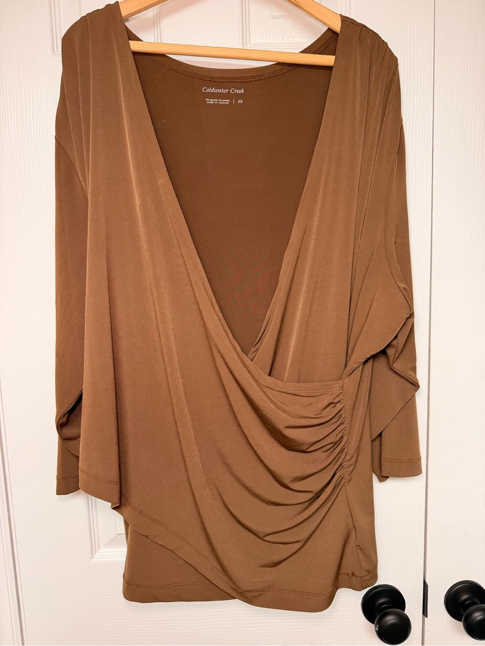 Coldwater Creek 3X Plus Brown Faux Wrap Top Surplice V Neck Ruched Long Sleeve